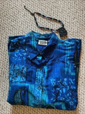 Chico's Blue Patchwork Paisley Button-Down Shirt. Chico size 0. 
Free necklace!